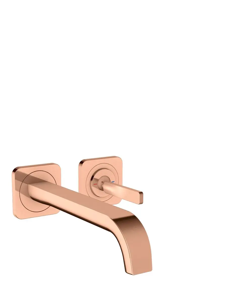 Wandmontierter Einhebel-Waschtischmischer in Polished Red Gold von AXOR. Minimales Design mit einem langen Auslauf und einem Pingriff zur Steuerung des Wassers.